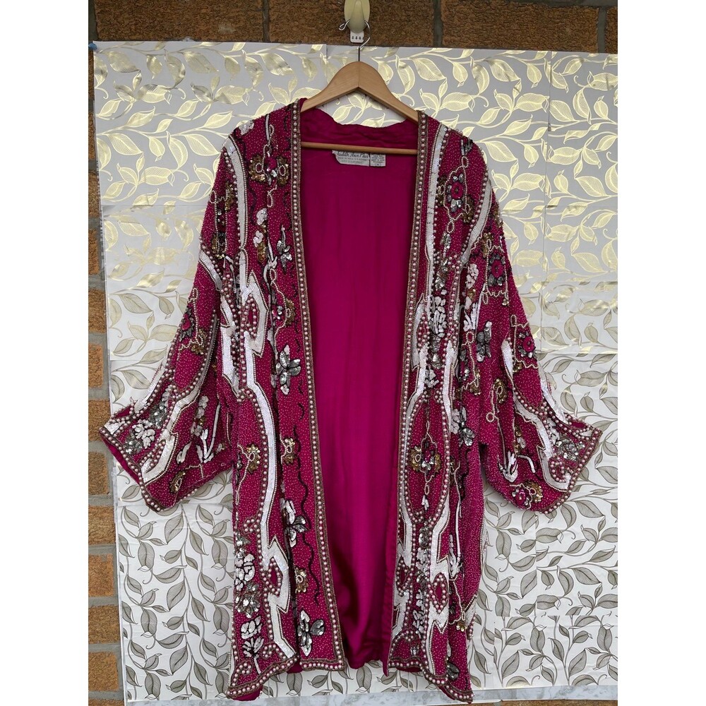 VTG Judith Ann Plus Silk Beaded Kimono Duster Jacket | Pink Maximalist Boho 1X